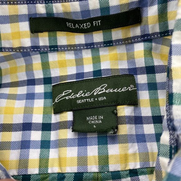 Eddie Bauer Shirt Men Large L Yellow White Blue Checkered Button Down Relaxed - Picture 5 of 11